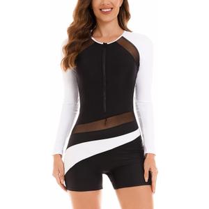 NESY Womens Rash Guard Swimsuit Boyleg Long Sleeve One Piece Bathing Suit UPF 50 Zipper Surfing Wetsuit Athletic Swimwear (Medium)