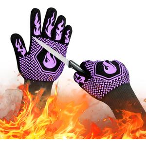 BBQ Fireproof Gloves, Grill Cut-Resistant Gloves 1472F Heat Resistant Gloves, Non-Slip Silicone Oven Gloves, Kitchen Safe Cooking Gloves for Oven Mitts,Barbecue,Cooking, Frying,13.5 Inch-Purple