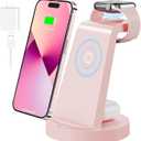3 in 1 Charging Station for Apple Device, Wireless Charger for iPhone 16 15 14 13 12 11 Pro Max & Apple Watch iwatch- Charging Stand Dock for AirPods (Pink)