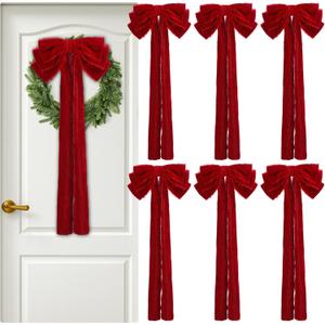 6 Pcs Large Velvet Bows for Christmas Tree 19.7" x 10.6" Velvet Ribbon Bows Ornament Christmas Swag Wreath Staircase Bow Vintage Raw Edges Tree Topper for Home Decor(Burgundy,Three-ear Style)