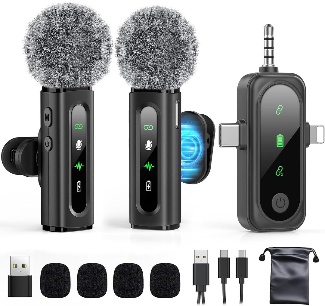 Wireless Lavalier Microphone for iPhone, Android, USB C, PC, Camera Video Recording 4 in 1 Clip-on Mics with Rotatable Clip&Denoise Recording, for Vlog Tiktok YouTube Podcast Content Creator