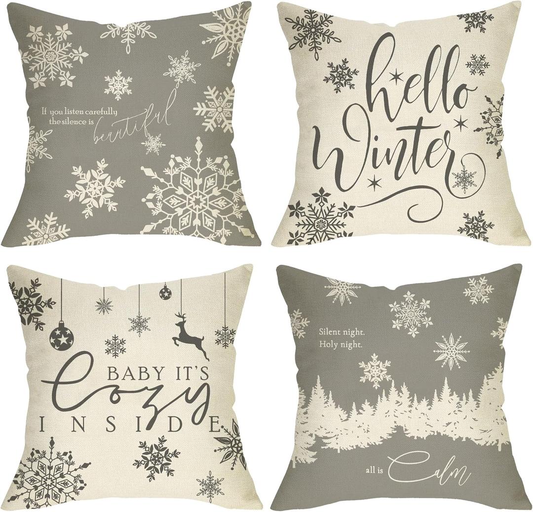 Fjfz Hello Winter Grey White Decorative Throw Pillow Cover 18x18 Set of 4, Baby It's Cozy Inside Christmas Snowflake Home Decorations, Pine Tree Holiday Reindeer Farmhouse Cushion Case Decor for Couch (Gray)