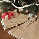 Syhood 36 Inch Christmas Tree Skirt Khaki Christmas Linen Burlap Tree Skirt Base Cover with Pom Trim for Xmas Winter Home Decorations Holiday Family Party All Year
