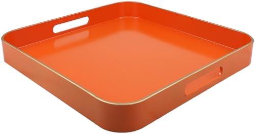 Omuriko Orange Square Decorative Tray with Handles, 13"*13" Versatile Serving Tray for Coffee Table, Ottoman, Ideal for Serving, Displaying, Organizing