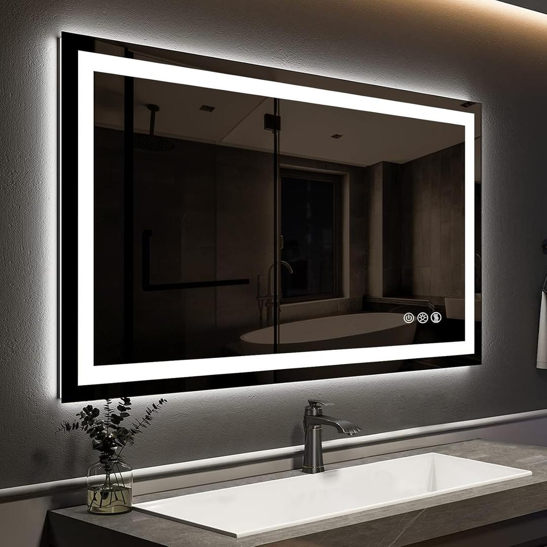 ROOMTEC 48 x 36 Inches LED Bathroom Mirror with Front and Backlit,Anti-Fog,3 Colors and Dimmable Light(Horizontal/Vertical), Silver