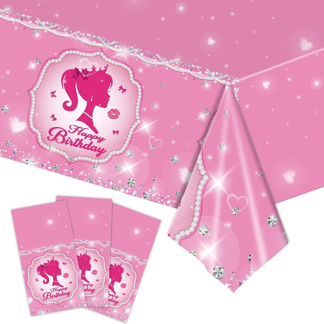 Pink Girl Party Decorations, Princess Disposable Tablecloth Waterproof Plastic Rectangular Table Cover for Happy Birthday Party Supplies, 3 Pack, 54 x 108 inch (3)