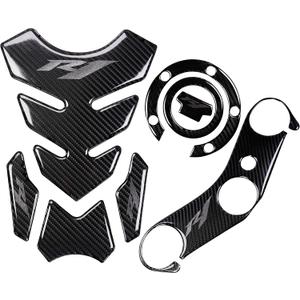 5D Real Carbon, Motorcycle Gas Tank Protector, Grey Tank Pad Sticker, Tank Cap, Fuel Cap Decal, Triple Tree Front End Upper for R1, 3 Pcs Per Set
