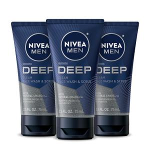 Nivea Men Deep Clean Face Wash and Scrub With Natural Charcoal, Exfoliating Face Wash for Men Removes Excess Oil, Dirt and Impurities, Beard Friendly, 2.5 Fl Oz Tube, Pack of 3