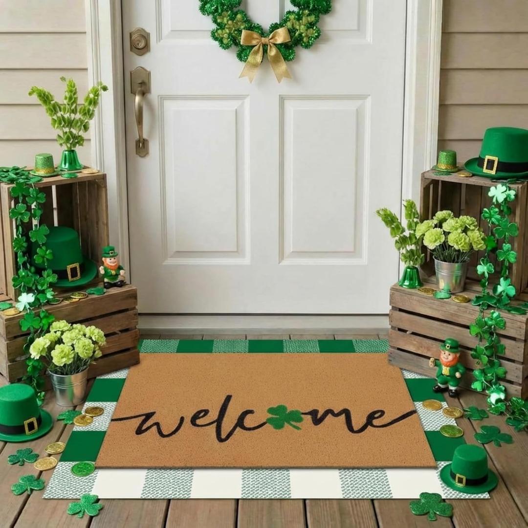 2 Pcs St Patrick's Day Layered Coir Doormat Set Lucky Shamrock Clover Welcome Front Door Mat with Green Checkered Outdoor Rug Non Slip Porch Entryway Rug for Indoor Outdoor Farmhouse Decor