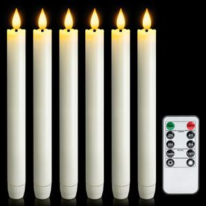6 Pcs Flameless Taper Candles with Remote Timer, Battery Operated Window Candles, 9.6 inches White Plastic LED Candlesticks, for Halloween Christmas Church Wedding Decor