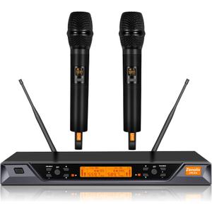 UM206 2 Channel Wireless Microphone System with Dynamic Mics, 200ft Range, UHF Frequencies, Dual Wireless Handheld Mics for Karaoke, Singing, DJ, Stage, Church and Recording