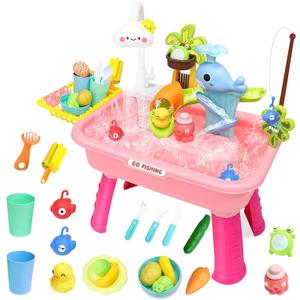 Water Table for Toddlers 1-3, Kids Play Sink for Toddlers with Pump, Whale Slide, Waterfall Shower & Pretend Kitchen Accessories, Summer Baby Water Toy for Outdoor Backyard Sensory Play (Pink)