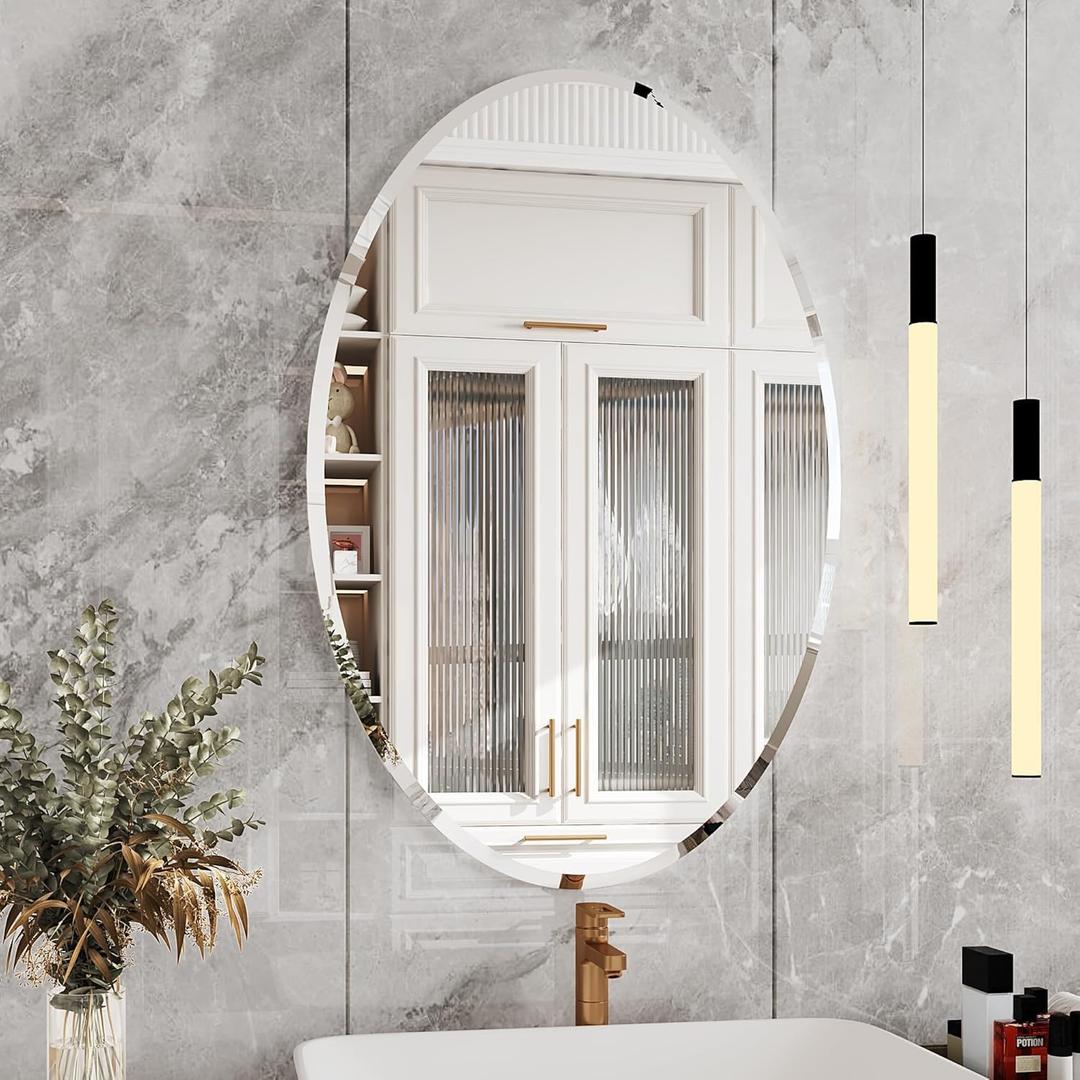 KOHROS Frameless Oval Mirror 20" x 28" Bathroom Wall Mirror w/Polished Beveled Edge, Anti-Rust, Tempered Glass (Silver)