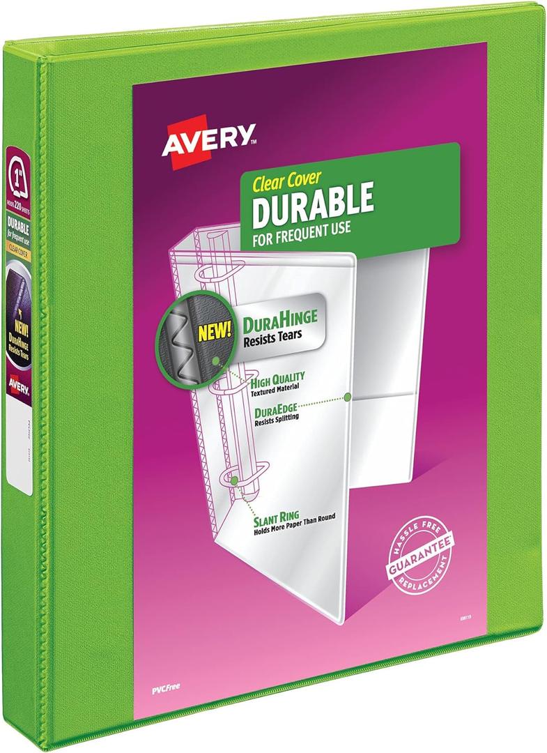 Avery Durable View 3 Ring Binder, 1" Slant Rings, 250-Sheet Capacity, 1.4 Inch Wide Spine, Great for Home, School Supplies, Office, or Organization Needs, 1 Green Binder (17832)