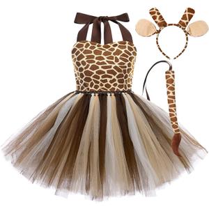 Girls Jungle Themed Dress Animal Tutu Dress Christmas Birthday Party Outfit 3pcs with Ears Headband Tail Accessories Baby Girl Giraffe 3-4 Years