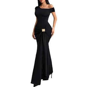 GothDark Women's Elegant Ruched Bodycon Maxi Dress One Shoulder Mermaid Gown Adjustable Buckle for Cocktail Party Formal L