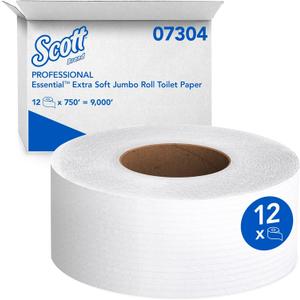 Scott Professional Essential Extra Soft Jumbo Roll Toilet Paper, Bulk (07304), 2-Ply, Septic Safe, White (12 Rolls at 750' Each, 9,000'/Case)
