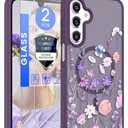 Yucenx for Samsung Galaxy A16 5G Floral Phone Case with 2X Screen Protector, Military Grade Magnetic Translucent Matte Girls Women Flower Pattern Protective Cover for A16 5G (Deep Purple)