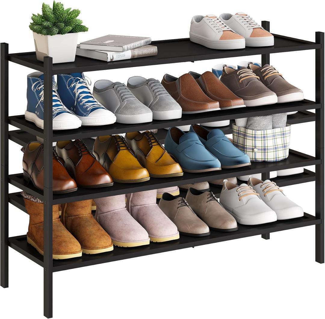 BMOSU 4-Tier Bamboo Extended Shoe Rack Premium Stackable Shoe Shelf Storage Organizer for Hallway Closet Living Room Entryway Organizer(Black) (4-Tier Long33.3*11*25.2inches)