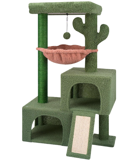 AIWIKIDE 37.4" Cactus Cat Tree Tower with Twin Cat Condos for Indoor Cats, AllinOne Activity Center with Cat Scratching Post Cozy Sleeping Perch Hammock and Toy Balls,Green