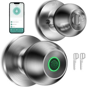 Fingerprint Door Lock， Smart Biometric Door Lock Fingerprint Door knob with App Control Suitable for Bedroom,Utility Room,Apartments Offices,Hotels(Silver)