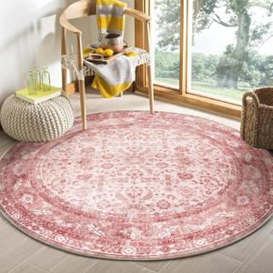 OPPODREAM Vintage Pink Area Rugs 5' Round, Washable Rug for Living Room | TPR Non-Slip Backing, Retro Low-Pile Faux Cashmere Surface, 5' Round Distressed Carpet for Bedroom, Office, Dorm, Dining Room