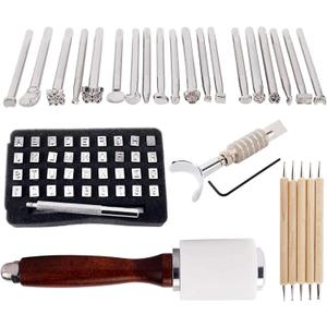KLLsmDesign 65 Pcs Leather Sculpture Stamping Tools Kit Included Pattern Alphabet Digital Leather Stamp Punch Set,Dotting Tools,Leather Swivel Knife,Leather Roller for Saddle Making,DIY Leather Craft