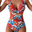 Eomenie One Piece Swimsuit for Women Tummy Control Plunge V Neck Bathing Suit Slimming Wide Straps Swimwear (Small, Red Floral Print)