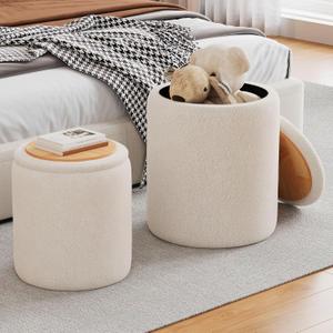 Ottoman with Storage Set of 2, Modern Round Pouf Foot Rest Ottoman Vanity Stool for Makeup, Portable Coffee Table Padded Seat for Living Room & Bedroom, Faux Teddy Fur (Beige)