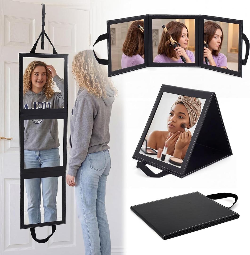 Novabright 3-Panel Over The Door Full Length Mirror, Foldable Hanging Acrylic Body/Makeup Mirror with Height Adjustable Hook for Bedroom Closet Bathroom, Dance Travel Camping (Black)