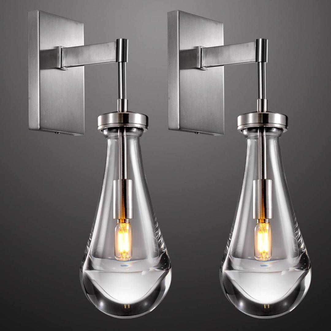 Wall Sconces Set of Two, Nickel Raindrop Sconces Wall Lighting Indoor Wall Lights for Bedroom, Nickel Bathroom Sconces, Wall Sconce Light for Living Room, Hallway