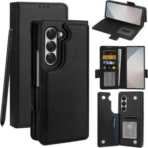 Vofolen for Samsung Galaxy Z Fold 6 Case with Card Holder & S Pen Holder, PU Leather Flip Case with Magnetic Clasp Kickstand Heavy Duty Rugged Wallet Cover Case for Z Fold 6 Phone Case, Black