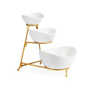 LAUCHUH 3 Tier Serving Stand Serving Dishes for Entertaining Porcelain Oval Bowl Set Tiered Serving Tray for Fruit, Vegetable, Nuts, Salad, Chip Dip Bowl Set for Easter, Mother's Day, Gold