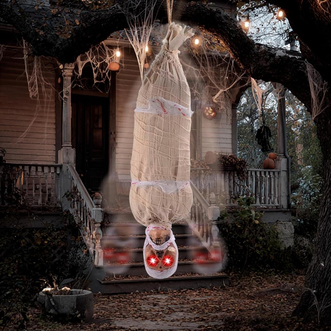 JOYIN 35" Halloween Animated Hanging Cocoon Corpse Decoration, Dead Body Prop with LED Light Up Eyes & Sound Effect, Spooky Corpse Skeleton for Yard, Indoor Haunted House Scary Decor Outdoor Horror