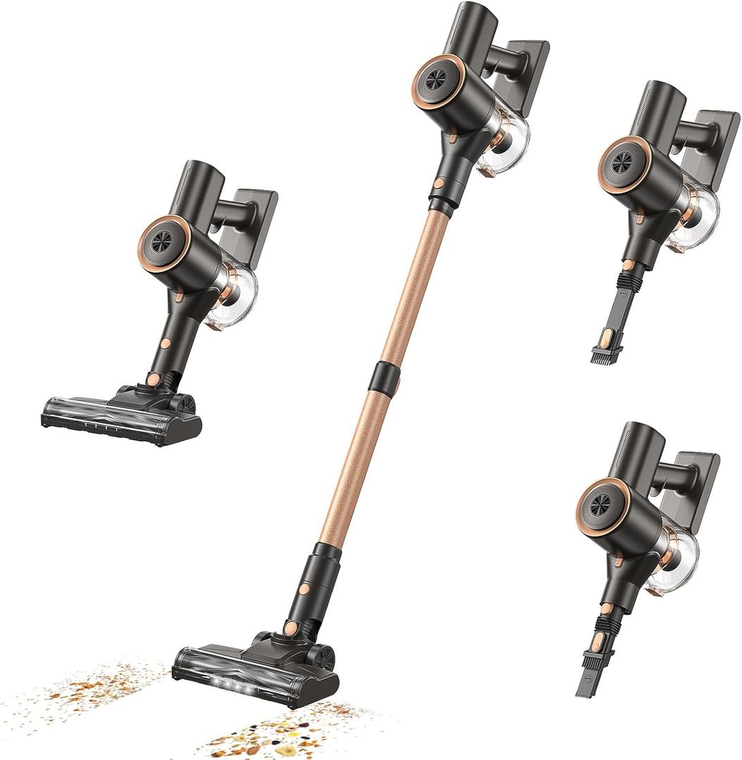 Cordless Vacuum Cleaner, Stick Vacuum with LED Display, Real-Time Battery Level Rechargeable Cordless Vacuum with 2 Adjustable Suction Modes, 40 Mins Runtime Handheld Vacuum for HomeRose Gold