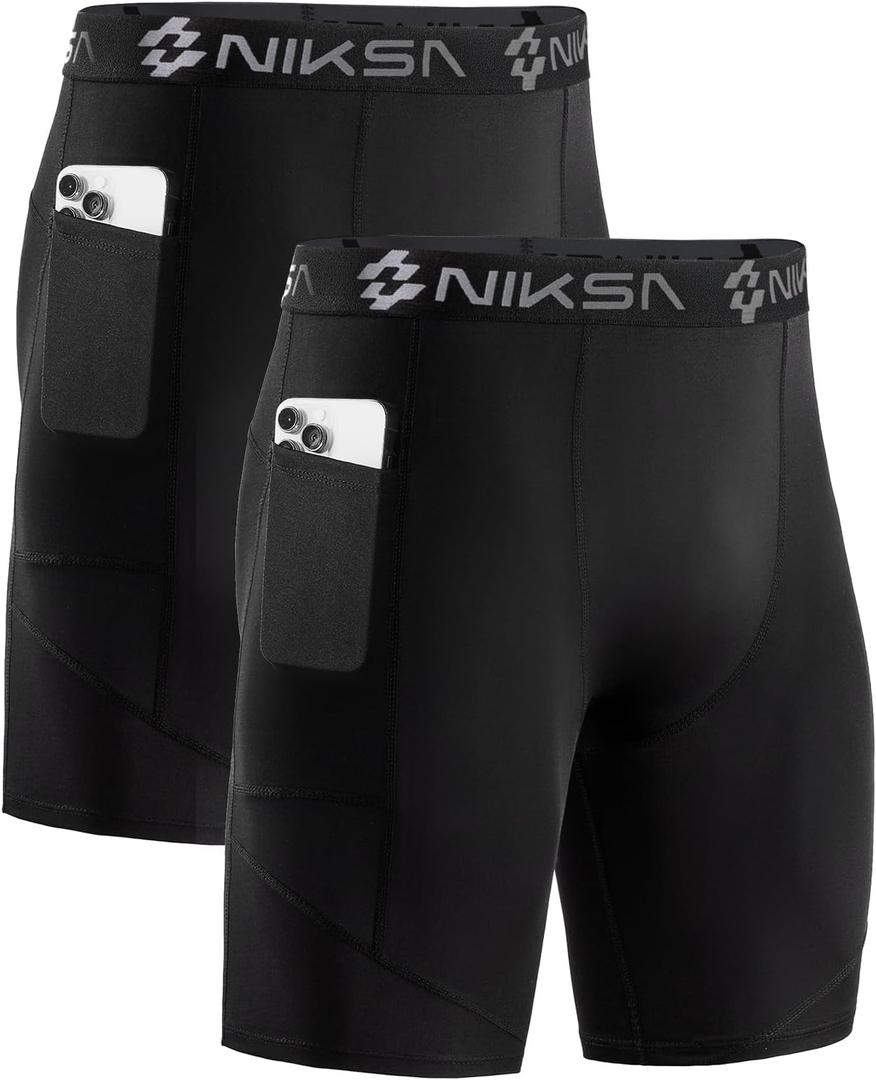 Niksa 1/2 Pack Mens Compression Shorts with Pocket, Performance Spandex Athletic Sports Workout Running Underwear Shorts (Small)