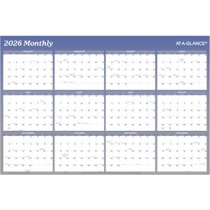 AT-A-GLANCE 2026 Erasable Calendar, Dry Erase Wall Planner, 36" x 24", Large, Vertical/Horizontal, Reversible, Blue (A1102-26)