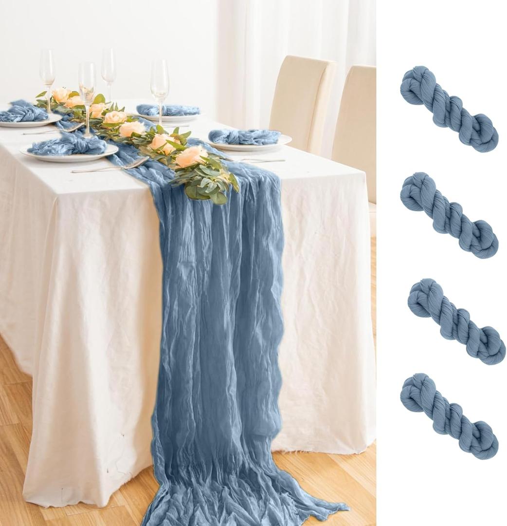 Cheesecloth Table Runner, 4 Pcs Dusty Blue, 35x118 Inch, Boho Gauze, Rustic, Cotton, Solid