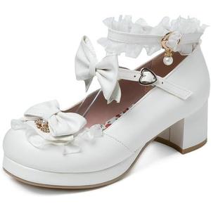 Women Kawaii Mid Block Heel Shoes, Mary Jane Pumps with Bow and Pearl Platform Chunky Heel Cute Sweet Shoes (White, 38)