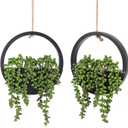 RECUTMS 2pcs Artificial Succulents Hanging Plants Fake String of Pearls in Black Pots Faux Plant Greenery Wall Decor for Balcony Indoor Outdoor Decor Home Office Bathroom Garden Decor