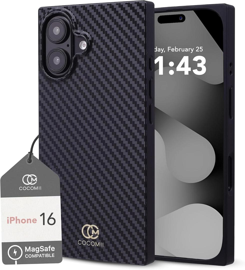 Cocomii - Rectangle Case Compatible with iPhone 16 - Compatible with MagSafe, Carbon Fiber Texture, Aramid Pattern, Glossy, Magnetic Phone Case for iPhone 16 6.1 inch, Black