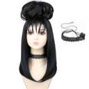 morvally 16" Black Beetle Bride Wig with Bun and Choker for Women Black Wig with Bangs for Gothic Witch Halloween Costume Cosplay (Medium Length Hair)