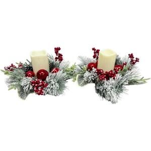 Christmas Candle Rings Wreaths(2 Pcs) Snow Flocked Candle Rings Pine Branches, Red Berries, Pinecones Pillars Candle Rings Christmas Table Centerpiece for Front Door Window Wall Decor