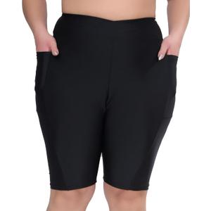 Women's 7" Plus Size Cross High Waisted Board Shorts with Side Pockets Boyshorts Swimsuit Bottoms (2X, Black2)