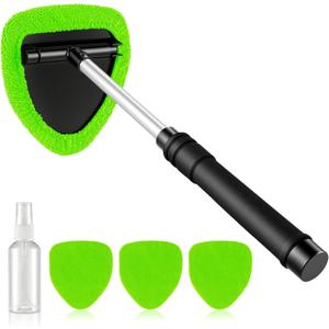 JUSTTOP Windshield Cleaner Tool, Car Interior&Exterior Window Cleaning Tool with Extendable Handle & 4 Reusable Microfiber Pads, Auto Glass Wiper Brush Kit for Cars (Green)