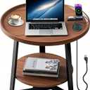 Round End Table with Charging Station, 23.6" Dia x 23.6" H, 2-Tier Walnut Coffee Table with Storage Shelf, Side Table with USB Ports,Tybe-c and Outlets, for Living Room, Bedroom, Sofa, Office, Patio