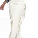 LYANER Women's Skirt Fringe Side Tassel Elastic Waist Slim Bodycon Long Maxi Pencil Skirts for Club (White)