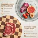 Cutting Board Set, Checkered Wood & Glass Cutting Boards for Kitchen, Retro Record Style Chopping Board with Holder, Serving Tray Gift Set, Ideal for Meat, Bread, Vegetable, Fruit
