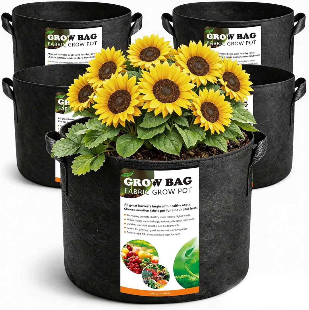 5 Pack 10 Gallon Thickened Grow Bags, Aeration Nonwoven Fabric Planting Bags with Handles, Heavy Duty 300G Garden Planter Pot for Tomato, Potato, Strawberry, Vegetable, Fruits and Flowers