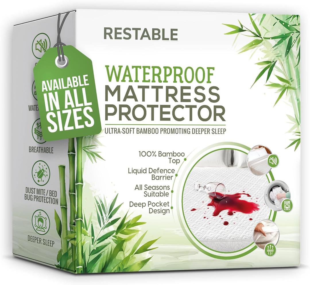 Luxury Queen Mattress Protector | 100% Waterproof Mattress Protector & 100% Bamboo Viscose Top | Breathable, Cooling & Machine Washable with Deep Pockets | Queen Size Bed Cover